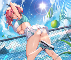 Rule 34 | 1girl, absurdres, ass, azur lane, bandaid, bandaids on nipples, bare shoulders, blue sky, bow, breasts, bremerton (azur lane), bremerton (scorching-hot training) (azur lane), chain-link fence, clenched teeth, commentary request, cowboy shot, crop top, day, fence, from side, grey hair, hair between eyes, hair bow, hair ornament, hairclip, heart, heart necklace, highres, jewelry, large breasts, long hair, looking at viewer, multicolored hair, necklace, outdoors, panties, pasties, pink eyes, pink hair, plant, shanguier, shirt, sky, sleeveless, sleeveless shirt, solo, streaked hair, sun, sunlight, teeth, thighs, twintails, two-tone hair, two-tone shirt, underboob, underwear, water, white panties, x hair ornament