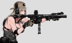 Rule 34 | 1girl, ar-15, backwards hat, bad id, bad pixiv id, black bra, bra, breasts, cleavage, colt 9mm smg, commentary request, cowboy shot, dog tags, green hair, grey background, gun, hat, headphones, highres, ihobus, korean commentary, large breasts, long hair, multicolored hair, neckerchief, original, padded gloves, pouch, rifle, solo, streaked hair, tank top, trigger discipline, underwear, weapon
