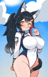 Rule 34 | 1girl, alternate costume, animal ear fluff, animal ears, arm behind back, black hair, blush, breasts, brown eyes, commentary request, covered navel, cowboy shot, day, diving suit, hair ornament, highres, hololive, kani bonara, large breasts, long hair, long sleeves, looking at viewer, multicolored hair, ookami mio, outdoors, ponytail, red hair, smile, solo, streaked hair, tail, tail around own leg, virtual youtuber, wolf ears, wolf girl, wolf tail