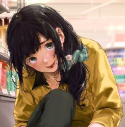 Rule 34 | 1girl, :p, bad id, bad pixiv id, black hair, blurry, blush, ceiling, collarbone, collared shirt, convenient censoring, depth of field, gem, green eyes, hair ornament, hair over one eye, hair scrunchie, kamiyama aya, knee up, long hair, looking at viewer, low ponytail, messy hair, mole, mole under eye, mole under mouth, original, pants, pearl (gemstone), pocket, scrunchie, shade, shampoo bottle, shirt, solo, sweat, tongue, tongue out, yellow shirt