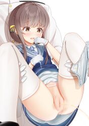 Rule 34 | 1boy, 1girl, absurdres, admiral (kancolle), assisted peeing, black footwear, blue dress, blush, brown eyes, brown hair, cleft of venus, diagonal-striped clothes, diagonal-striped necktie, dress, gloves, held up, highres, kantai collection, necktie, open mouth, panties, panties around leg, peeing, pussy, shoes, short hair with long locks, short sleeves, sidelocks, simple background, spread legs, stained panties, striped clothes, tears, thighhighs, ukuru (kancolle), uncensored, underwear, white background, white gloves, white thighhighs, zuki