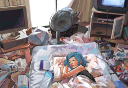 Rule 34 | 1girl, blue hair, computer, crt, futon, game console, keyboard (computer), messy, messy room, original, playstation 1, realistic, room, short hair, sleeping, solo, television, uturo