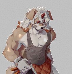 Rule 34 | 1boy, abs, arknights, bandaid, bandaid on cheek, bandaid on face, bara, biceps, brown gloves, chinese commentary, colored tips, commentary, furry, furry male, gloves, grey background, highres, horns, hung (arknights), komainu boy, komainu ears, looking at viewer, lqqq, male focus, multicolored hair, orange eyes, pectorals, see-through, see-through shirt, single horn