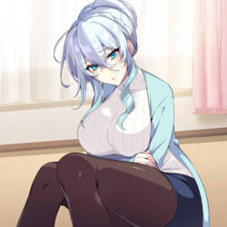 Rule 34 | 1girl, arms under breasts, bad id, bad twitter id, black pantyhose, blue eyes, blue hair, breasts, closed mouth, commentary request, curtains, gradient hair, indoors, large breasts, long sleeves, multicolored hair, original, pantyhose, puuzaki puuna, sidelocks, sitting, solo, thighs, yukino (zeroshiki kouichi)