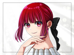 Rule 34 | 1girl, alternate hairstyle, arima kana, bare shoulders, black bow, bow, closed mouth, commentary request, dress, hair bow, highres, off-shoulder dress, off shoulder, oshi no ko, red eyes, red hair, short hair, sidelocks, solo, tonton (6kbgievnt89kt1f), white dress