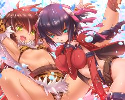 Rule 34 | &gt;:d, 2girls, :d, animal print, aqua eyes, armpits, arms up, bella (sennen sensou aigis), belt, betty (sennen sensou aigis), between breasts, bikini, bikini top only, blush, breasts, brown hair, fur trim, hair ribbon, hand on own chest, large breasts, looking at viewer, multiple girls, open mouth, outstretched arms, purple hair, revealing clothes, ribbon, sennen sensou aigis, shiny skin, small breasts, smile, spread arms, spread legs, swimsuit, tiger print, tsukigami chronica, v-shaped eyebrows, yellow eyes