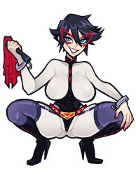 Rule 34 | 10s, 1girl, alternate hair length, alternate hairstyle, artist request, belt, belt buckle, black hair, blue eyes, bodysuit, boku no hero academia, boots, breasts, breasts apart, buckle, cuffs, domino mask, facing viewer, garter straps, grin, hair between eyes, hand on knee, hand on own knee, handcuffs, happy, high heel boots, high heels, holding, holding whip, large breasts, leotard, looking at viewer, mask, midnight (boku no hero academia), nail polish, nipples, parted lips, see-through, short hair, simple background, sitting, skin tight, smile, solo, spread legs, squatting, teeth, thighhighs, whip, white background