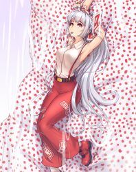 Rule 34 | 1girl, armpits, arms up, bare arms, bare shoulders, bed sheet, belt, black belt, bow, box, breasts, cigarette, cigarette pack, commentary, english commentary, feet out of frame, fujiwara no mokou, hair bow, hater (hatater), highres, holding, holding box, indoors, long hair, looking at viewer, lying, medium breasts, ofuda, on back, pants, polka dot, ponytail, red eyes, red footwear, red pants, shirt, shoes, sidelocks, silver hair, sleeveless, sleeveless shirt, smoke, smoking, socks, solo, suspenders, thighs, touhou, very long hair, white bow, white shirt, white socks, wing collar