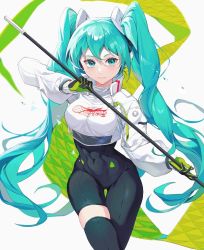 Rule 34 | 1girl, aqua eyes, aqua hair, asymmetrical bodysuit, bai xin, black bodysuit, bodysuit, boots, breasts, closed mouth, covered navel, cowboy shot, crop top, crop top overhang, cropped jacket, flag, flagpole, flame print, gloves, green gloves, hair between eyes, hatsune miku, holding, holding flag, holding pole, crossed legs, linea alba, long hair, medium breasts, pole, racing miku, racing miku (2022), simple background, single thigh boot, skindentation, smile, smiley face, solo, thigh boots, thigh gap, thighhighs, tsurime, twintails, very long hair, vocaloid, white background, wide hips