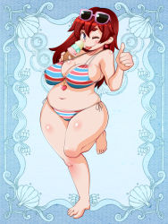 Rule 34 | 1girl, ;p, abuno, bikini, blue eyes, blush, breasts, earrings, eyewear on head, food, heart, ice cream, jewelry, large breasts, long hair, one eye closed, plump, psychic hearts, red hair, smile, solo, sunglasses, swimsuit, thumbs up, tongue, tongue out, wink