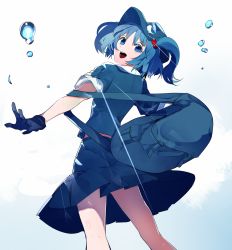 Rule 34 | 1girl, backpack, bag, blue eyes, blue hair, cowboy shot, hair bobbles, hair ornament, hat, highres, ikurauni, kawashiro nitori, open mouth, short hair, short sleeves, short twintails, sidelocks, smile, solo, touhou, twintails, two side up, white background