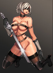 Rule 34 | 1girl, belt bra, black gloves, blindfold, boots, bottomless, breasts, clyde s, clydethemouse, convenient censoring, covered eyes, detached collar, full body, gloves, high heel boots, high heels, kneeling, large breasts, nier (series), nier:automata, pussy juice, silver hair, solo, sword, thigh boots, thighhighs, thighhighs under boots, vambraces, weapon, 2b (nier:automata)