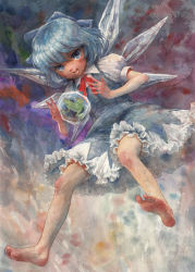 Rule 34 | 1girl, barefoot, blue eyes, blue hair, bow, cirno, dress, feet, frog, frozen, frozen frog, hair bow, ice, ice wings, looking at viewer, matching hair/eyes, misawa hiroshi, open mouth, painting (medium), short hair, short sleeves, smile, solo, touhou, traditional media, watercolor (medium), wings