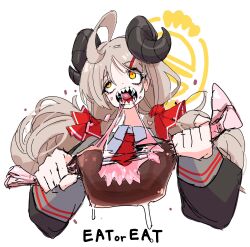 Rule 34 | 1girl, ahoge, blue archive, collared shirt, curled horns, dr yamero, eating, english text, food, grey shirt, hair ornament, hair ribbon, hairclip, halo, highres, holding, holding food, horns, huge ahoge, izumi (blue archive), light brown hair, meat, necktie, open mouth, orange eyes, red necktie, red ribbon, ribbon, sharp teeth, shirt, solo, teeth, twintails, white background, yellow eyes, yellow halo