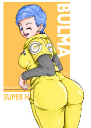 Rule 34 | 1girl, absurdres, ass, blue eyes, blue hair, bodysuit, breasts, bulma, come hither, doppelart69, dragonball z, from behind, highres, huge ass, leaning, leaning forward, looking at viewer, looking back, naughty face, one eye closed, open mouth, shiny clothes, short hair, sideboob, skin tight, smile, solo, tongue, tongue out, wink