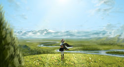 Rule 34 | 1girl, absurdres, belt, black belt, black skirt, black socks, black wings, blue sky, blurry, blurry foreground, collared shirt, fasnakegod, feathered wings, field, flower, forest, frilled skirt, frills, from behind, grass, hat, hauchiwa, highres, kneehighs, looking at viewer, looking back, mountainous horizon, nature, pom pom (clothes), puffy short sleeves, puffy sleeves, red flower, red footwear, red hat, ribbon-trimmed skirt, ribbon trim, river, scenery, shameimaru aya, shirt, shoes, short sleeves, skirt, sky, socks, solo, tokin hat, touhou, tree, white flower, white shirt, wings, yellow flower