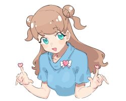 Rule 34 | 1girl, :d, blue eyes, blue shirt, brown hair, cropped torso, double bun, fugota6509, hair bun, hands up, heart, highres, index fingers raised, kanamori maria, kiratto pri chan, long hair, looking at viewer, open mouth, pretty series, shirt, short sleeves, simple background, smile, solo, two side up, upper body, white background