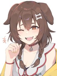 Rule 34 | +++, 1girl, ;d, animal collar, animal ears, blush, bone hair ornament, bracelet, braid, brown eyes, brown hair, buttons, collar, commentary, dog ears, dress, eyelashes, hair between eyes, hair ornament, hair tie, hand up, highres, hololive, inugami korone, inugami korone (1st costume), jacket, jewelry, long hair, milka (milk4ppl), nail polish, off shoulder, one eye closed, open mouth, red collar, smile, solo, teeth, tongue, twin braids, upper body, virtual youtuber, white background, white dress, yellow jacket, yellow nails