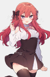 Rule 34 | 1girl, anna (ikeuchi tanuma), black skirt, black thighhighs, bow, breasts, clothing cutout, grey background, hair bow, high-waist skirt, highres, ikeuchi tanuma, long hair, looking at viewer, medium breasts, open mouth, original, pink bow, purple eyes, red hair, shoulder cutout, skindentation, skirt, smile, solo, sparkle, thighhighs, twitter username