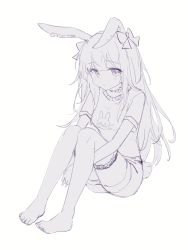Rule 34 | 1girl, animal ears, arknights, barefoot, blush, bow, breasts, full body, greyscale, hair bow, highres, jewelry, knees up, long hair, looking at viewer, meng xue necky, monochrome, necklace, rabbit ears, rabbit girl, rabbit tail, rope (arknights), shorts, simple background, sitting, small breasts, solo, tail, white background