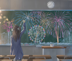 Rule 34 | 1girl, back, black hair, black pantyhose, chalk, chalkboard, check commentary, checkered pantyhose, classroom, clock, commentary request, cup, desk, drawing, ferris wheel, fireworks, from behind, highres, kikukawa00, long hair, looking away, mug, original, pantyhose, twintails