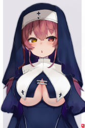 Rule 34 | 1girl, :o, absurdres, alternate costume, blue dress, blush, border, breasts, dress, grey background, habit, heterochromia, highres, hololive, houshou marine, houshou marine (nun), large breasts, long hair, long sleeves, looking at viewer, nun, open mouth, outside border, red eyes, red hair, revealing clothes, sidelocks, simple background, solo, underboob, upper body, virtual youtuber, white border, yellow eyes, zonzu