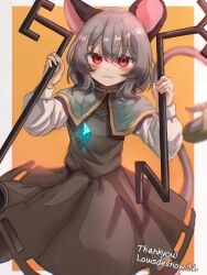 Rule 34 | 1girl, animal ears, black dress, blue capelet, border, capelet, commission, dress, english text, grey hair, highres, karasu2020 8, looking at viewer, mouse ears, mouse girl, nazrin, orange background, red eyes, skeb commission, smile, solo, touhou, white border