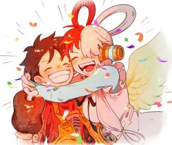 Rule 34 | 1boy, 1girl, ^ ^, blue gloves, closed eyes, commentary request, confetti, dress, elbow gloves, food, gloves, hair over one eye, headphones, holding, holding food, hug, male focus, meat, monkey d. luffy, multicolored hair, one piece, one piece film: red, qwwwwww48423, red hair, red shirt, scar, scar on face, shirt, single elbow glove, sleeveless, sleeveless dress, twintails, two-tone hair, uta (one piece), white dress, white hair, wings