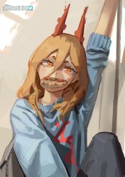 Rule 34 | 1girl, absurdres, arm up, artist name, atoroux, blonde hair, blue sweater, chainsaw man, cross-shaped pupils, food, food in mouth, hair between eyes, highres, horns, long hair, looking at viewer, pizza, power (chainsaw man), red horns, solo, sweater, symbol-shaped pupils, twitter logo, yellow eyes