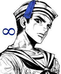 Rule 34 | 1boy, absurdres, blue eyes, dixie cup hat, greyscale, hat, higashikata josuke (jojolion), highres, jojo no kimyou na bouken, jojolion, looking at viewer, male focus, military hat, monochrome, my nameisyoon, parted lips, sailor, sailor collar, sailor hat, short hair, simple background, solo, spot color, v-shaped eyebrows