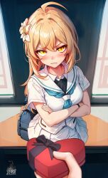 Rule 34 | 1girl, 1other, absurdres, ahoge, ai-assisted, alternate costume, blonde hair, blue neckerchief, box, casual, commentary, contemporary, crossed arms, flower, genshin impact, hair between eyes, hair flower, hair ornament, heart-shaped box, highres, holding, holding box, indoors, long hair, looking at viewer, lumine (genshin impact), neckerchief, pov, sailor collar, school uniform, serafuku, shirt, short sleeves, unstableboiler, v-shaped eyebrows, valentine, wavy mouth, white flower, white sailor collar, white serafuku, white shirt