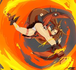 Rule 34 | 1girl, 2020, artist name, ass, boots, breasts, brown eyes, brown hair, china dress, chinese clothes, detached sleeves, dress, fire, fire, grey background, guilty gear, guilty gear xrd, hair intakes, high heel boots, high heels, kicking, kuradoberi jam, large breasts, long hair, open mouth, panties, simple background, skindentation, solo, thick thighs, thigh strap, thighs, underwear, upskirt, vitallic, white panties