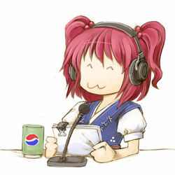 Rule 34 | 1girl, :3, ^ ^, cervus, closed eyes, closed eyes, female focus, headphones, lowres, microphone, onozuka komachi, pepsi, radio booth, red hair, short hair, sitting, solo, touhou, twintails, two side up, white background