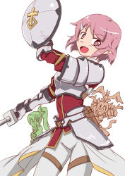 Rule 34 | 10s, 3girls, :d, animal ears, armor, arms up, blush, breastplate, cat ears, cowboy shot, from side, hair ornament, hairclip, leafa, lisbeth (sao), lisbeth (sao-alo), more deban, multiple girls, open mouth, pink eyes, pink hair, pointy ears, ponytail, profile, shield, short hair, silica, silica (sao-alo), simple background, smile, standing, sword, sword art online, weapon, white background