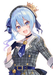 Rule 34 | 1girl, ahoge, aqua hair, belt, beret, blue choker, blue eyes, blue gloves, blue nails, blue necktie, blue ribbon, blush, bracelet, breasts, buttons, choker, commentary, crown, fingerless gloves, fukahire (ruinon), gloves, grey hat, hair between eyes, hair ribbon, hand on own chest, hat, highres, hololive, hoshimachi suisei, hoshimachi suisei (1st costume), jewelry, looking at viewer, medium hair, mini crown, nail polish, necktie, open mouth, plaid, plaid headwear, plaid shirt, ribbon, shirt, short necktie, side ponytail, simple background, small breasts, smile, solo, star (symbol), star in eye, symbol in eye, upper body, virtual youtuber, white background