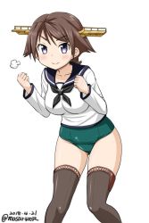 Rule 34 | 1girl, black eyes, black neckerchief, black sailor collar, boots, brown hair, brown thighhighs, commentary request, cowboy shot, dated, flipped hair, green one-piece swimsuit, headgear, hiei (kancolle), kantai collection, looking at viewer, masara (chuujou), neckerchief, one-hour drawing challenge, one-piece swimsuit, sailor collar, sailor shirt, school swimsuit, shirt, short hair, simple background, solo, swimsuit, swimsuit under clothes, thigh boots, thighhighs, twitter username, white background
