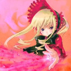 Rule 34 | 00s, 1girl, blonde hair, bonnet, long hair, looking at viewer, lowres, outstretched hand, rozen maiden, shinku, solo, upper body