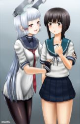 Rule 34 | 10s, 2girls, :o, absurdres, black gloves, black hair, black legwear, blue skirt, blunt bangs, blush, breasts, brown eyes, collarbone, covered navel, dress, fingerless gloves, fubuki (kancolle), gloves, hair ribbon, hand on another&#039;s arm, headgear, highres, impossible clothes, impossible dress, kantai collection, kinnan, long hair, looking at another, low ponytail, md5 mismatch, multiple girls, murakumo (kancolle), neckerchief, necktie, open mouth, pantyhose, pleated skirt, ponytail, red eyes, red necktie, resolution mismatch, ribbon, sailor dress, school uniform, serafuku, short eyebrows, short ponytail, short sleeves, sidelocks, silver hair, simple background, skirt, small breasts, smile, source smaller, thighband pantyhose, tress ribbon, twitter username, yuri