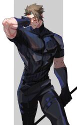 Rule 34 | 1boy, achilles (fate), black gloves, black pants, black shirt, blood, blood on arm, blood on face, closed mouth, fate/apocrypha, fate (series), gloves, green hair, haruakira, highres, holding, holding polearm, holding weapon, injury, large pectorals, looking at viewer, male focus, mature male, muscular, muscular male, one eye closed, pants, pectorals, polearm, ribbed shirt, shirt, short hair, solo, thigh strap, undercut, weapon, wiping face, yellow eyes