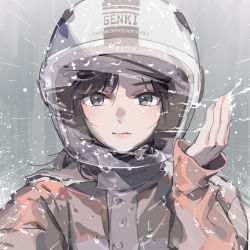 Rule 34 | 1girl, black eyes, black hair, buttons, character request, expressionless, helmet, highres, lips, logo, looking at viewer, office lady taiwan, portrait, rain, raincoat, tennohi, title, upper body, visor, water, wiping face