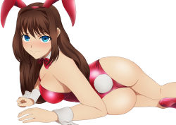 Rule 34 | 1girl, absurdres, animal ears, aozaki aoko, ass, bare shoulders, bent over, blue eyes, blush, breasts, brown hair, detached collar, embarrassed, fake animal ears, hair down, highres, long hair, looking at viewer, lying, mahou tsukai no yoru, on side, playboy bunny, rabbit ears, rabbit tail, sideboob, simple background, solo, tail, thighs, type-moon, white background, wrist cuffs, yadokari genpachirou