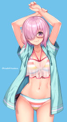 Rule 34 | 1girl, arms up, bikini, blue shirt, blush, breasts, cleavage, collarbone, fate/grand order, fate (series), glasses, gluteal fold, hair over one eye, kouzuki tsubasa (musou kaidou), large breasts, light purple hair, looking at viewer, mash kyrielight, mash kyrielight (swimsuit of perpetual summer ver.02), multicolored bikini, multicolored clothes, navel, official alternate costume, open clothes, open shirt, purple eyes, rainbow bikini, see-through, shirt, short hair, short sleeves, smile, solo, striped bikini, striped clothes, swimsuit, thighs