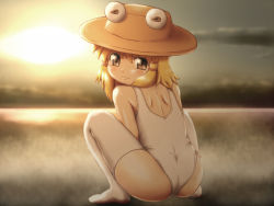 Rule 34 | 1girl, ass, bare shoulders, blonde hair, casual one-piece swimsuit, cloud, female focus, from behind, hair ribbon, hat, horizon, looking at viewer, looking back, moriya suwako, no shoes, one-piece swimsuit, reflection, ribbon, shirosato, short hair, shoulder blades, sky, solo, squatting, sun, swimsuit, thighhighs, touhou, twintails, yellow eyes