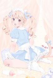 Rule 34 | 1girl, animal ears, ankle socks, baby bottle, bad id, bad pixiv id, bandaid, bandaid on knee, bandaid on leg, bell, blonde hair, blush, bobby socks, bottle, bow, cat ears, cat girl, cat tail, dress, fang, full body, hair bell, hair bow, hair ornament, heart, heart-shaped pupils, highres, kneeling, long hair, looking at viewer, looking back, maid, maid headdress, md5 mismatch, open mouth, original, purple eyes, ribbon, shizuko (chipccchip), sitting, socks, solo, stuffed animal, stuffed toy, symbol-shaped pupils, tail, teddy bear, tongue, twintails, wariza, white socks