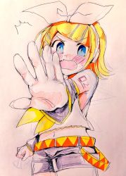 Rule 34 | 1girl, ^^^, arm tattoo, bad id, bad twitter id, belt, blonde hair, blue eyes, bow, detached sleeves, embarrassed, foreshortening, hair bow, hair ornament, hairclip, headphones, headset, highres, kagamine rin, midriff, navel, open hand, outstretched arm, outstretched hand, sailor collar, shimasaki meiichi, short hair, shorts, solo, stop, sweatdrop, tattoo, traditional media, vocaloid, wavy mouth