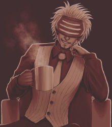Rule 34 | 1boy, ace attorney, black pants, brown theme, buttons, chair, coffee, collared shirt, cup, dark-skinned male, dark skin, earrings, facial hair, formal, goatee, godot (ace attorney), grin, hand on own cheek, hand on own face, headgear, highres, jewelry, long sleeves, male focus, messy hair, mug, necktie, omega (omega yang), pants, phoenix wright: ace attorney - trials and tribulations, shirt, sitting, smile, smoke, vest, visor, white hair, white vest