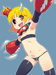 Rule 34 | armpits, bikini, blonde hair, character request, copyright request, flat chest, heterochromia, horns, midriff, navel, om (nk2007), open mouth, robot girls z, smile, solo, swimsuit, thighhighs, yellow eyes