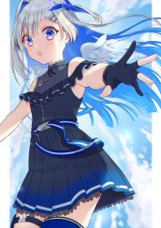 Rule 34 | 1girl, :o, absurdres, amane kanata, amane kanata (work), angel, angel wings, bare shoulders, belt, black dress, black gloves, blue belt, blue hair, blush, clothing cutout, colored inner hair, dress, feathered wings, from below, from side, gloves, hair ornament, hairclip, halo, highres, hololive, kabi akaru, long hair, looking at viewer, mini wings, multicolored hair, official alternate costume, open mouth, partially fingerless gloves, pleated dress, purple eyes, short dress, shoulder cutout, sideways glance, silver hair, single hair intake, single thighhigh, solo, star halo, surprised, thigh strap, thighhighs, two side up, virtual youtuber, white wings, wings