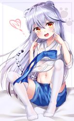 Rule 34 | 1girl, :d, absurdres, animal ears, belt, black hair, blue ribbon, blue shorts, blush, border, breasts, commentary request, denim, denim shorts, fingers to cheeks, full body, grey border, groin, head tilt, heart, highres, knees up, korean commentary, long hair, looking at viewer, mannack, midriff, mixed-language commentary, multicolored hair, my love tiger, navel, nawa holang-inim, on bed, open mouth, paw print, paw print background, rangyi, ribbon, shadow, shirt, short shorts, shorts, sidelocks, sitting, small breasts, smile, solo, streaked hair, striped tail, tail, thighhighs, tiger ears, tiger girl, tiger tail, two-tone hair, white hair, white shirt, white thighhighs, wind, wind lift, yellow eyes