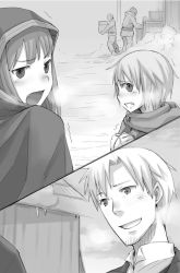 Rule 34 | 1girl, 2boys, ayakura juu, beard, cape, craft lawrence, facial hair, fang, greyscale, holo, hood, hooded, looking back, monochrome, multiple boys, novel illustration, official art, open mouth, outdoors, spice and wolf, standing, tote col, trembling, upper body